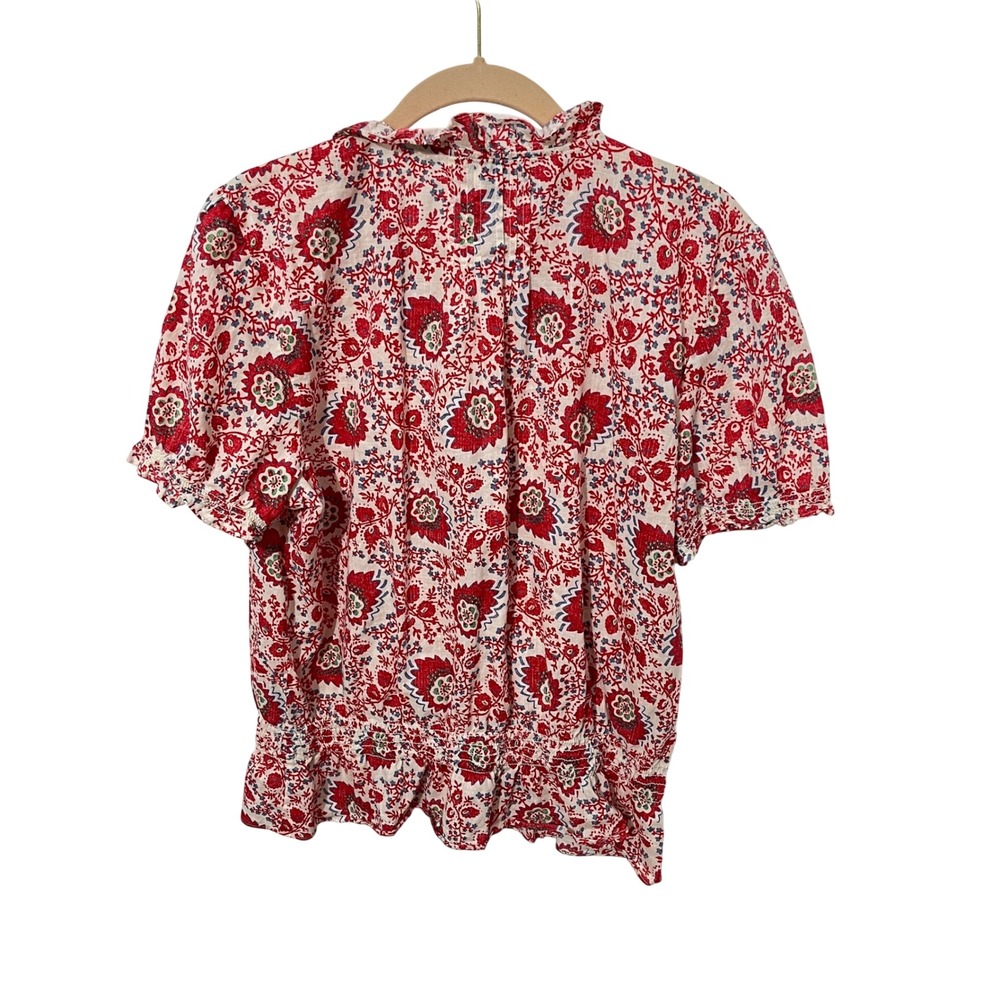 Lauren Ralph Lauren Blouse Womens Large Red Floral Smocked Waist Ruffle Top - Picture 3 of 4